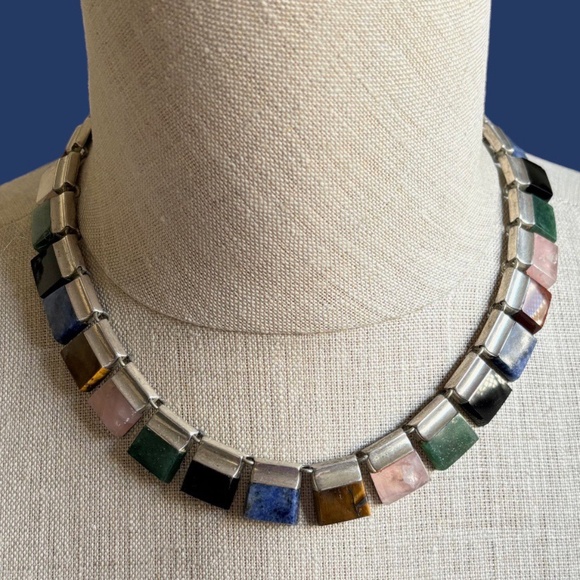 Vintage Taxco Multi Gemstone & Silver Choker Necklace with matching Earrings